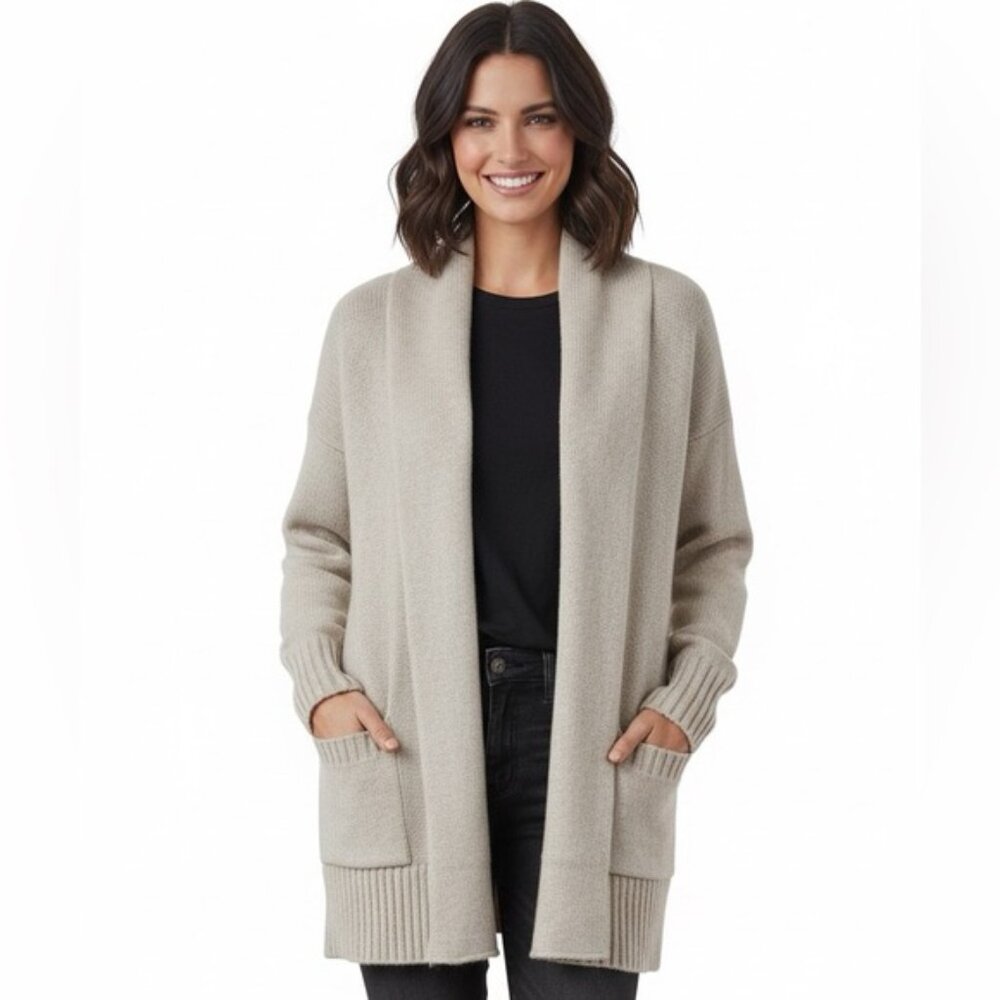 Judith & Charles Cashmere Open Chucky Cardigan Sweater Jacket Pockets Wool Tan M